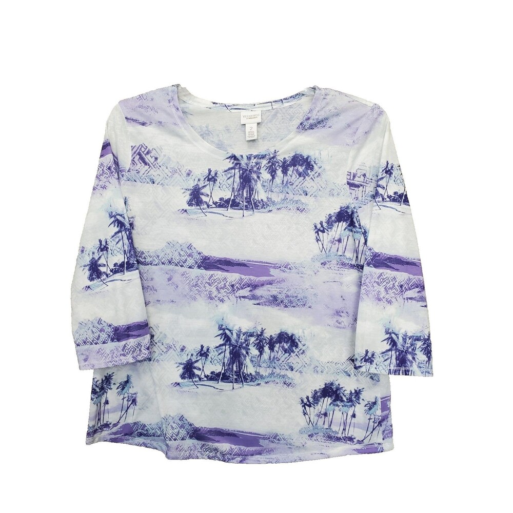Chico's Purple Tropical Island Palm Tree 3/4 Sleeve Top Size 2 Large